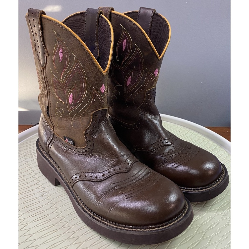 Justin Women's Leather Brown&Pink Western Cowboy Boots Cowgirl Riding 9B
